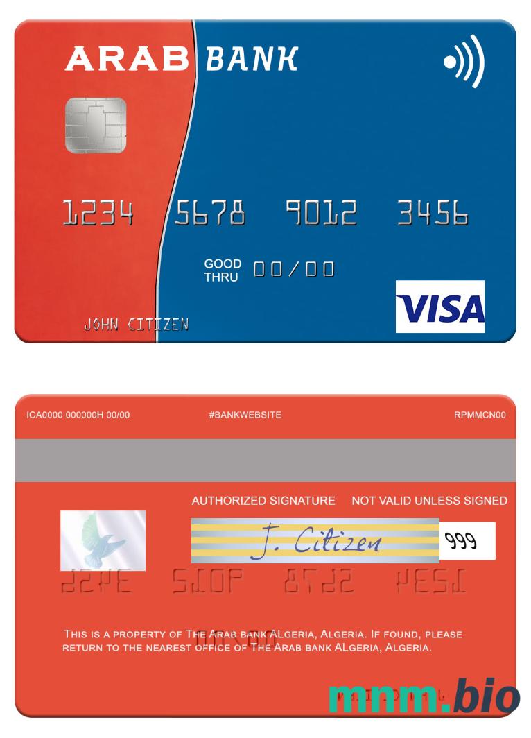 Algeria Arab Bank Algeria przykład karty visa w formacie PSD